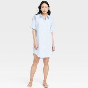 A new day Blue Stripe Short Sleeve Button Up Oversized Woven Mini Shirtdress (M)